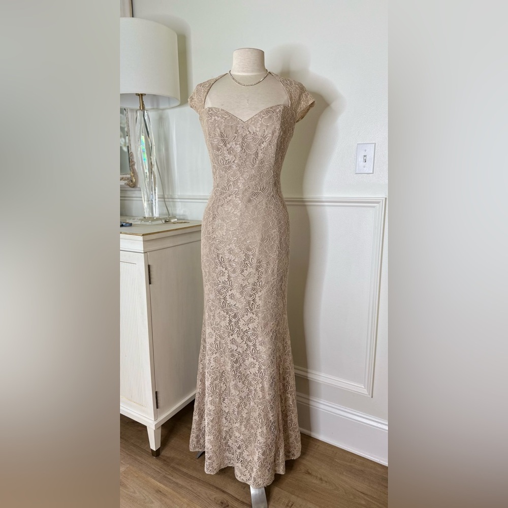New Latte Jade Couture Elegant Lace Sleeveless Maxi Dress in Taupe